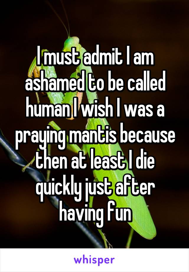 I must admit I am ashamed to be called human I wish I was a praying mantis because then at least I die quickly just after having fun