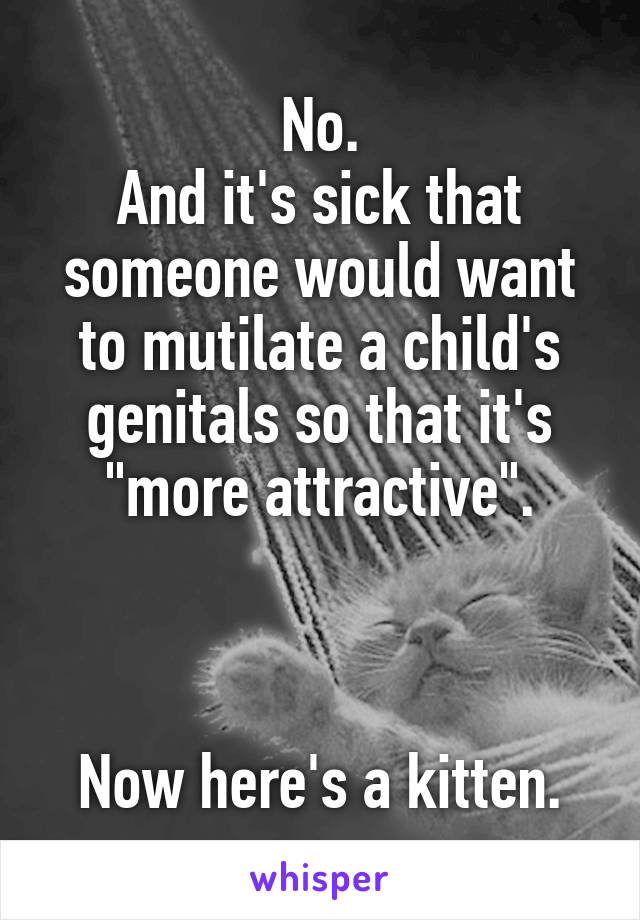 No.
And it's sick that someone would want to mutilate a child's genitals so that it's "more attractive".



Now here's a kitten.