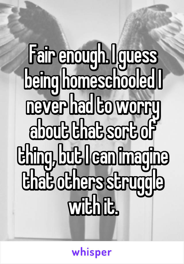 Fair enough. I guess being homeschooled I never had to worry about that sort of thing, but I can imagine that others struggle with it.