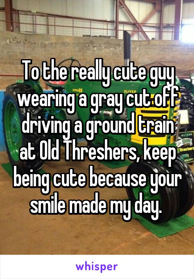 To the really cute guy wearing a gray cut off driving a ground train at Old Threshers, keep being cute because your smile made my day. 