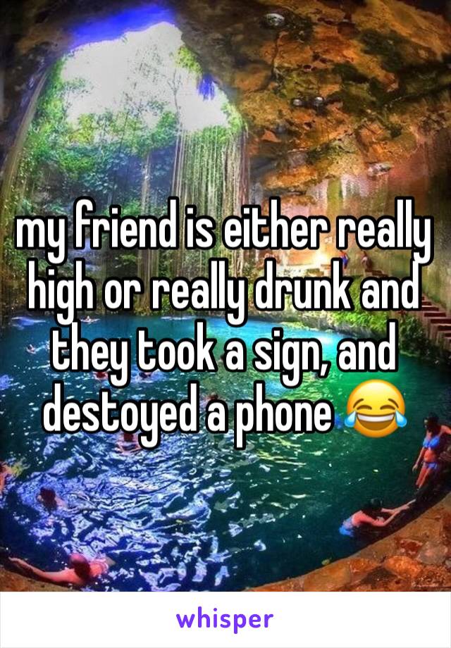 my friend is either really high or really drunk and they took a sign, and destoyed a phone 😂