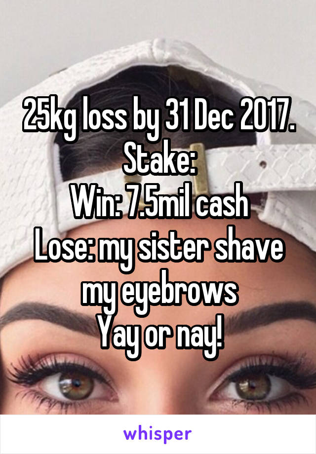 25kg loss by 31 Dec 2017.
Stake:
Win: 7.5mil cash
Lose: my sister shave my eyebrows
Yay or nay!