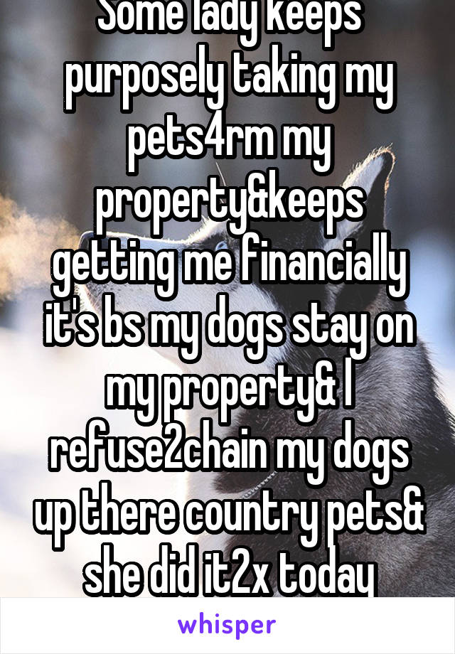 Some lady keeps purposely taking my pets4rm my property&keeps getting me financially it's bs my dogs stay on my property& l refuse2chain my dogs up there country pets& she did it2x today cost500
