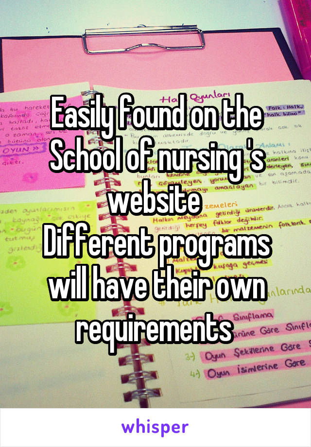 Easily found on the School of nursing 's website 
Different programs will have their own requirements 