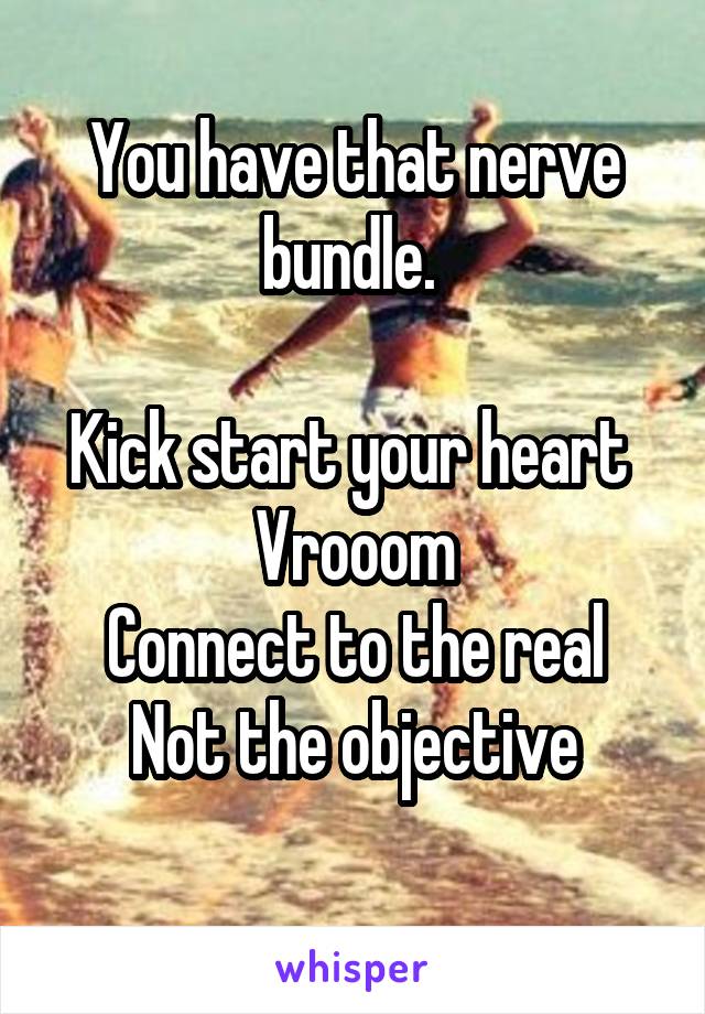 You have that nerve bundle. 

Kick start your heart 
Vrooom
Connect to the real
Not the objective
