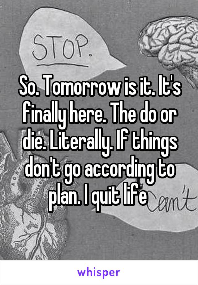 So. Tomorrow is it. It's finally here. The do or die. Literally. If things don't go according to plan. I quit life 