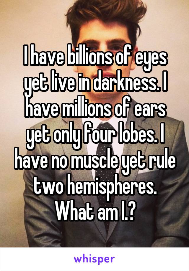 I have billions of eyes yet live in darkness. I have millions of ears yet only four lobes. I have no muscle yet rule two hemispheres. What am I.?