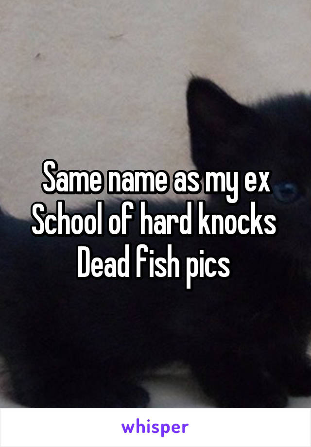 Same name as my ex
School of hard knocks 
Dead fish pics 