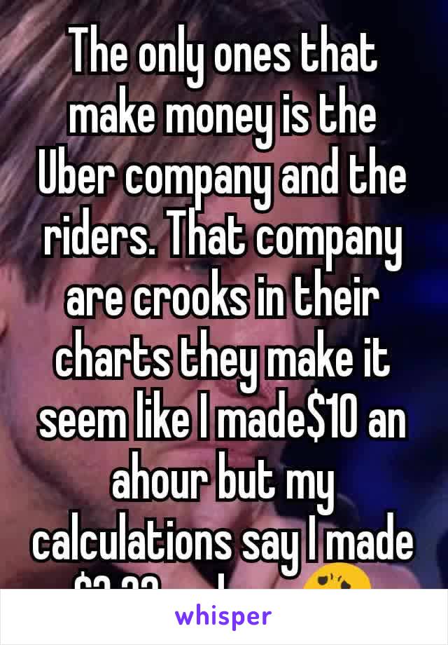 The only ones that make money is the Uber company and the riders. That company are crooks in their charts they make it seem like I made$10 an ahour but my calculations say I made $3.22 an hour😦