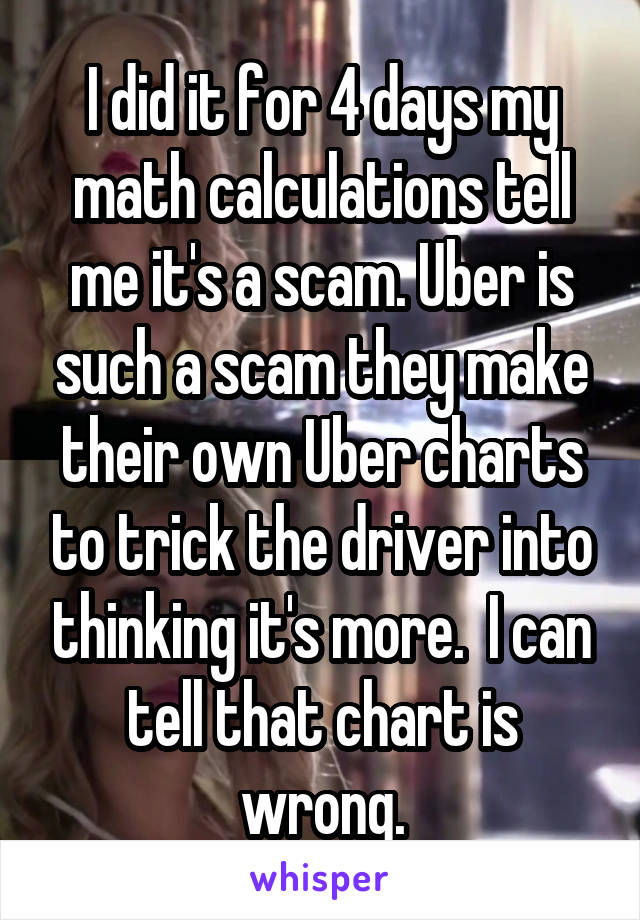 I did it for 4 days my math calculations tell me it's a scam. Uber is such a scam they make their own Uber charts to trick the driver into thinking it's more.  I can tell that chart is wrong.