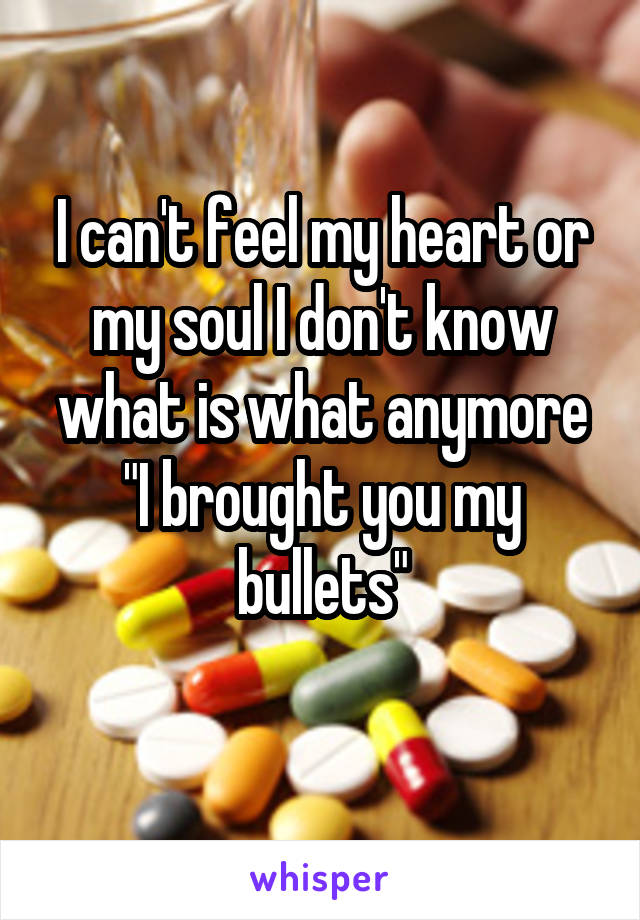 I can't feel my heart or my soul I don't know what is what anymore "I brought you my bullets"

