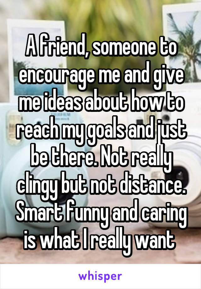 A friend, someone to encourage me and give me ideas about how to reach my goals and just be there. Not really clingy but not distance. Smart funny and caring is what I really want 