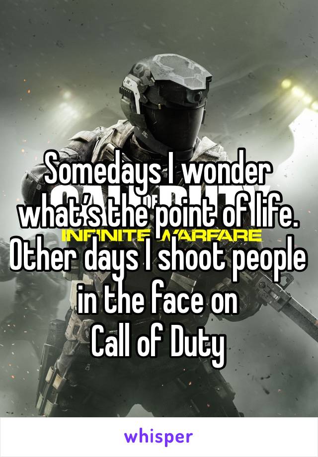 Somedays I wonder what’s the point of life.
Other days I shoot people in the face on 
Call of Duty