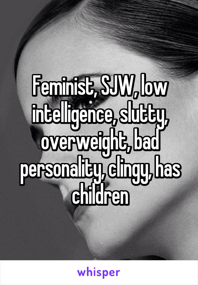Feminist, SJW, low intelligence, slutty, overweight, bad personality, clingy, has children