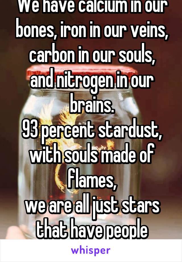 We have calcium in our bones, iron in our veins,
carbon in our souls, and nitrogen in our brains.
93 percent stardust, with souls made of flames,
we are all just stars that have people names.