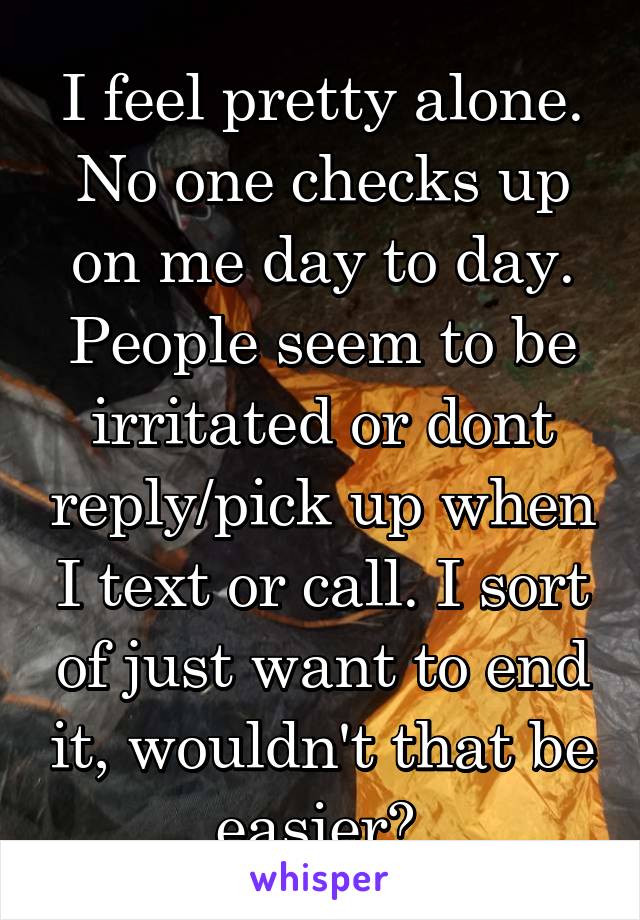 I feel pretty alone. No one checks up on me day to day. People seem to be irritated or dont reply/pick up when I text or call. I sort of just want to end it, wouldn't that be easier? 