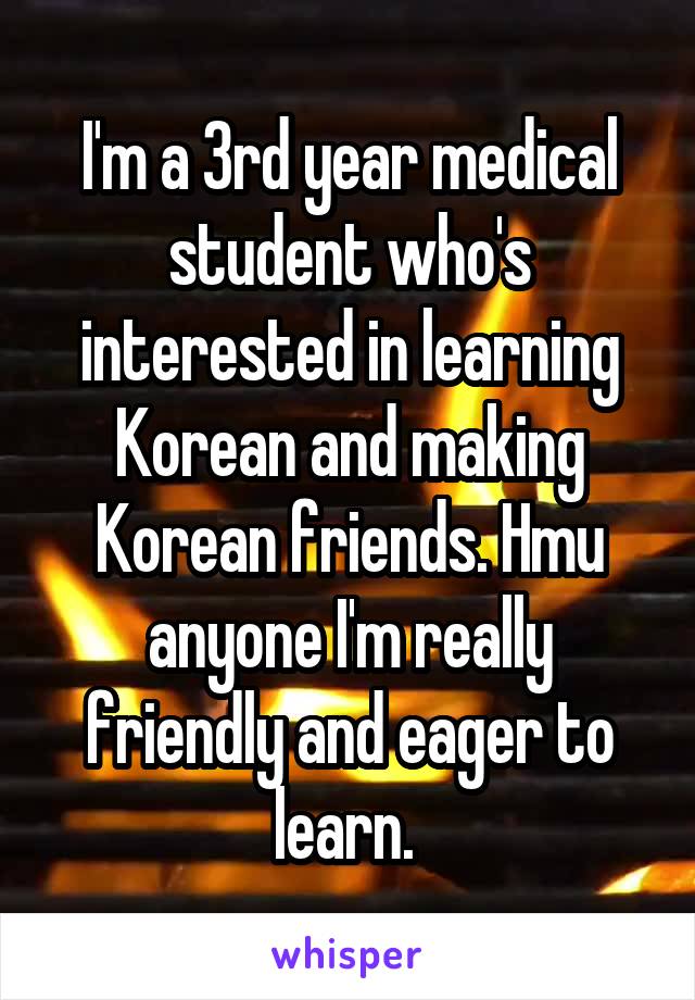 I'm a 3rd year medical student who's interested in learning Korean and making Korean friends. Hmu anyone I'm really friendly and eager to learn. 