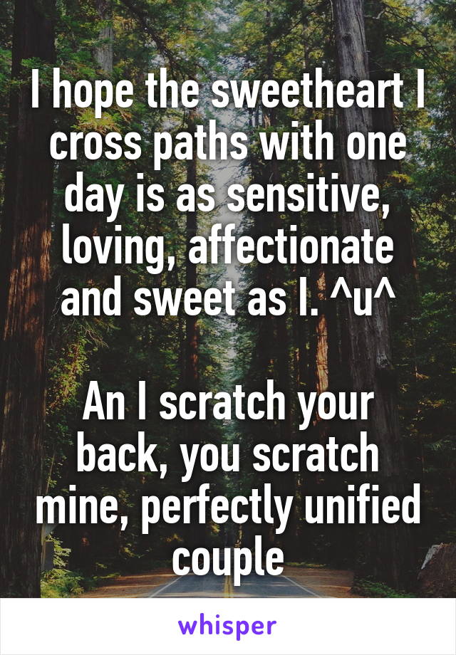 I hope the sweetheart I cross paths with one day is as sensitive, loving, affectionate and sweet as I. ^u^

An I scratch your back, you scratch mine, perfectly unified couple