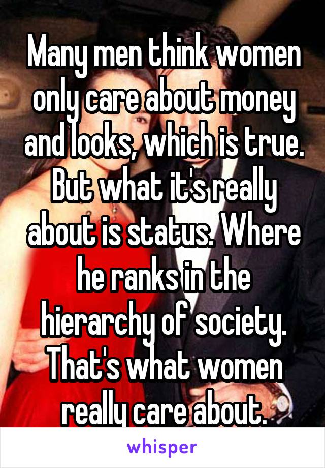 Many men think women only care about money and looks, which is true.
But what it's really about is status. Where he ranks in the hierarchy of society. That's what women really care about.