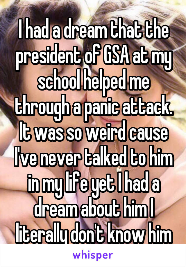 I had a dream that the president of GSA at my school helped me through a panic attack. It was so weird cause I've never talked to him in my life yet I had a dream about him I literally don't know him