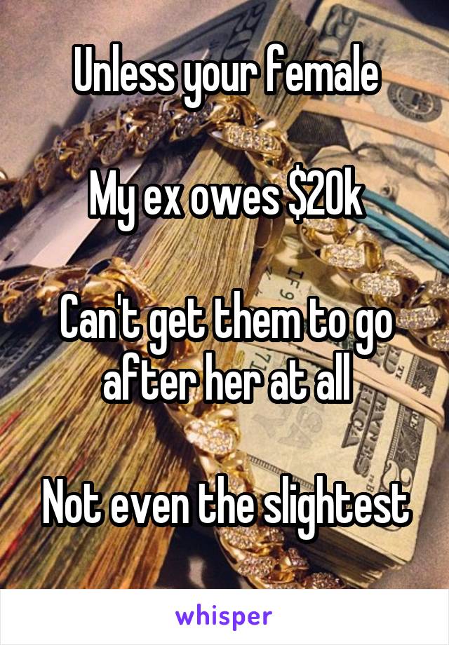 Unless your female

My ex owes $20k

Can't get them to go after her at all

Not even the slightest 