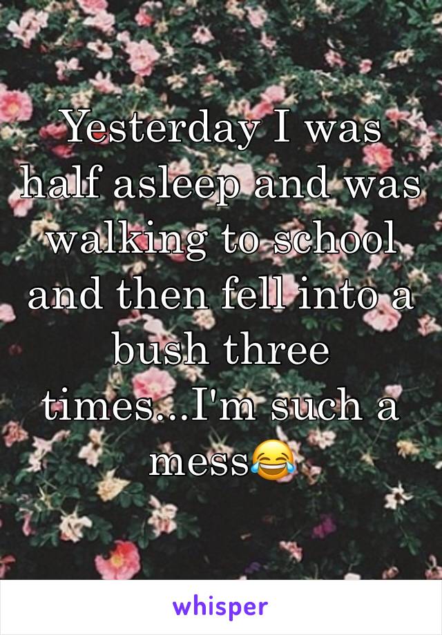 Yesterday I was half asleep and was walking to school and then fell into a bush three times...I'm such a mess😂