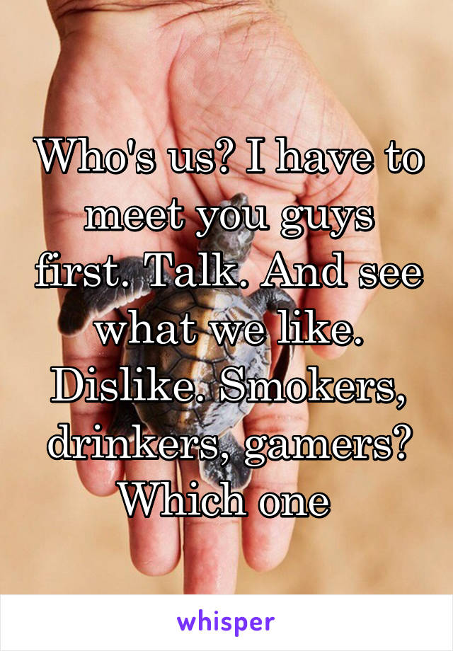 Who's us? I have to meet you guys first. Talk. And see what we like. Dislike. Smokers, drinkers, gamers? Which one 