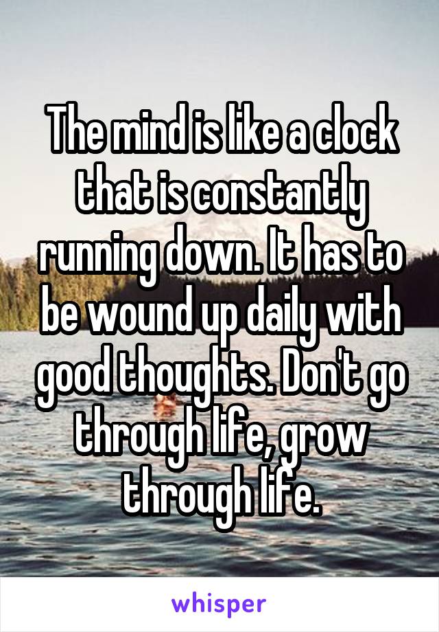 The mind is like a clock that is constantly running down. It has to be wound up daily with good thoughts. Don't go through life, grow through life.