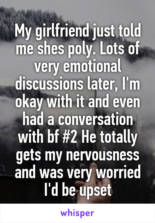 My girlfriend just told me shes poly. Lots of very emotional discussions later, I'm okay with it and even had a conversation with bf #2 He totally gets my nervousness and was very worried I'd be upset