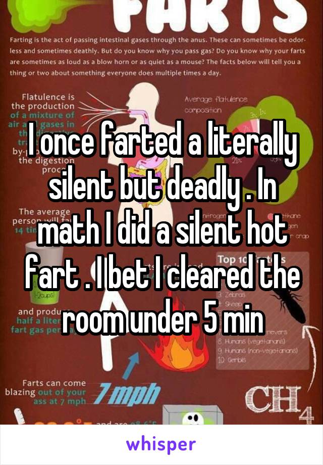 I once farted a literally silent but deadly . In math I did a silent hot fart . I bet I cleared the room under 5 min