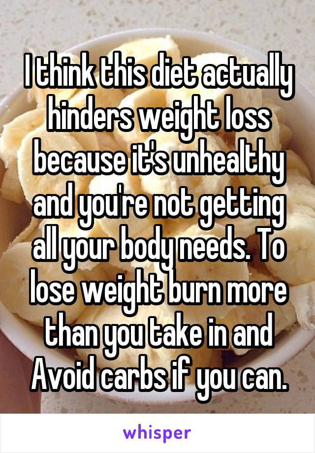 I think this diet actually hinders weight loss because it's unhealthy and you're not getting all your body needs. To lose weight burn more than you take in and Avoid carbs if you can.