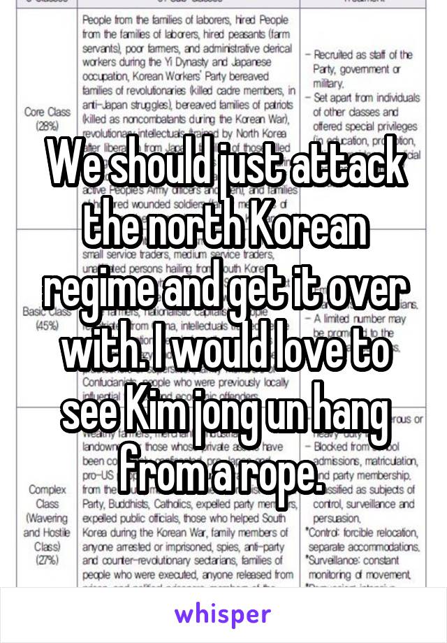 We should just attack the north Korean regime and get it over with. I would love to see Kim jong un hang from a rope. 