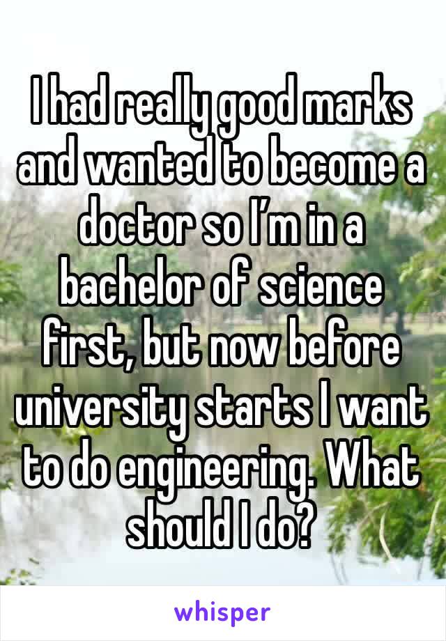 I had really good marks and wanted to become a doctor so I’m in a bachelor of science first, but now before university starts I want to do engineering. What should I do?
