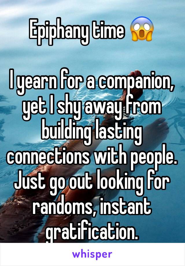 Epiphany time 😱

I yearn for a companion, yet I shy away from building lasting connections with people. Just go out looking for randoms, instant gratification.