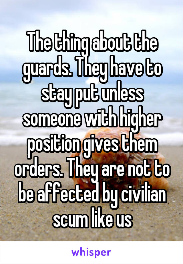 The thing about the guards. They have to stay put unless someone with higher position gives them orders. They are not to be affected by civilian scum like us