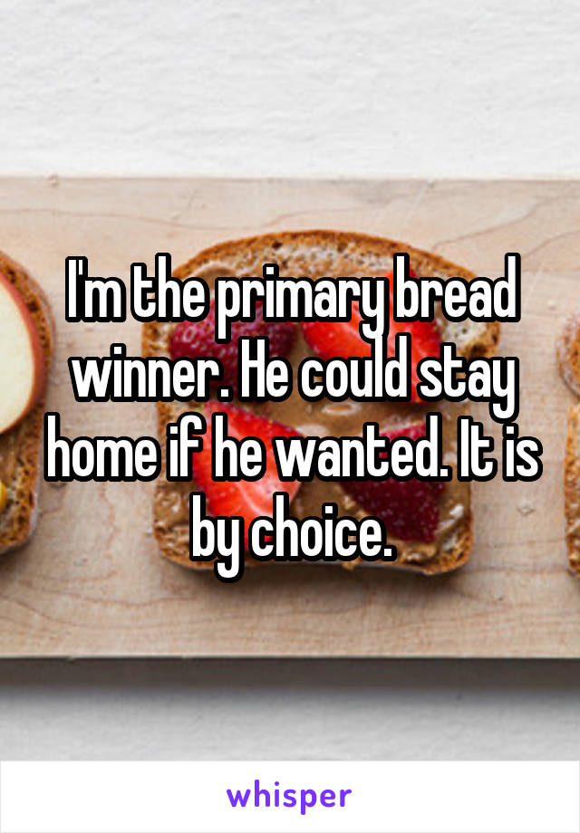 I'm the primary bread winner. He could stay home if he wanted. It is by choice.
