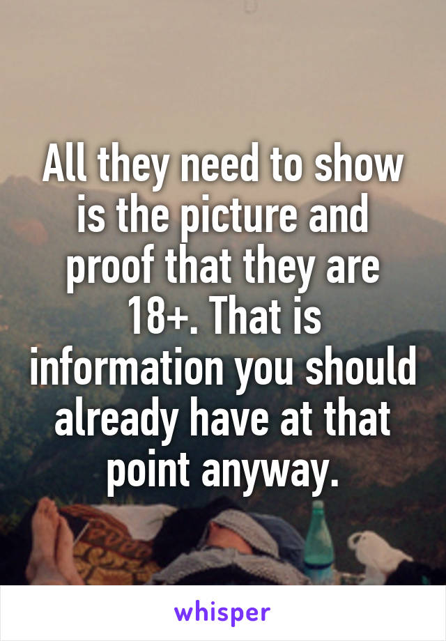 All they need to show is the picture and proof that they are 18+. That is information you should already have at that point anyway.