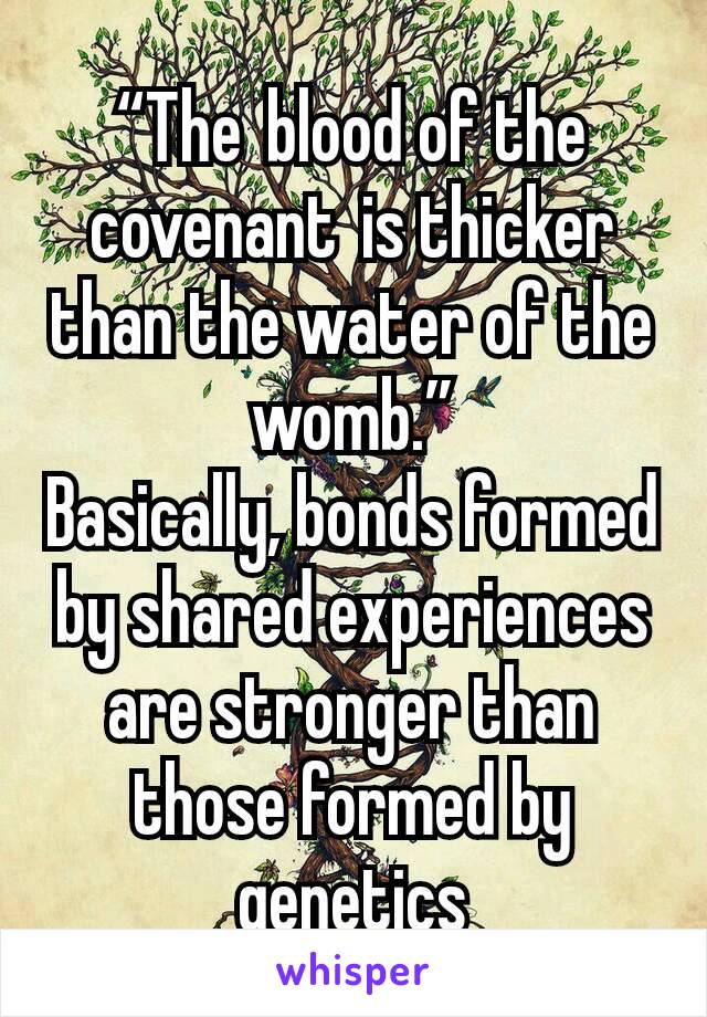 “The blood of the covenant is thicker than the water of the womb.”
Basically, bonds formed by shared experiences are stronger than those formed by genetics
