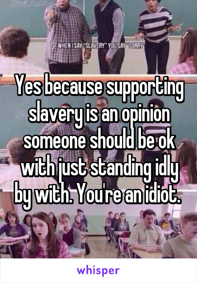 Yes because supporting slavery is an opinion someone should be ok with just standing idly by with. You're an idiot. 