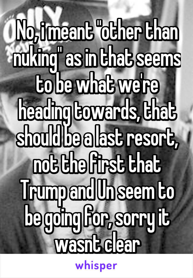 No, i meant "other than nuking" as in that seems to be what we're heading towards, that should be a last resort, not the first that Trump and Un seem to be going for, sorry it wasnt clear