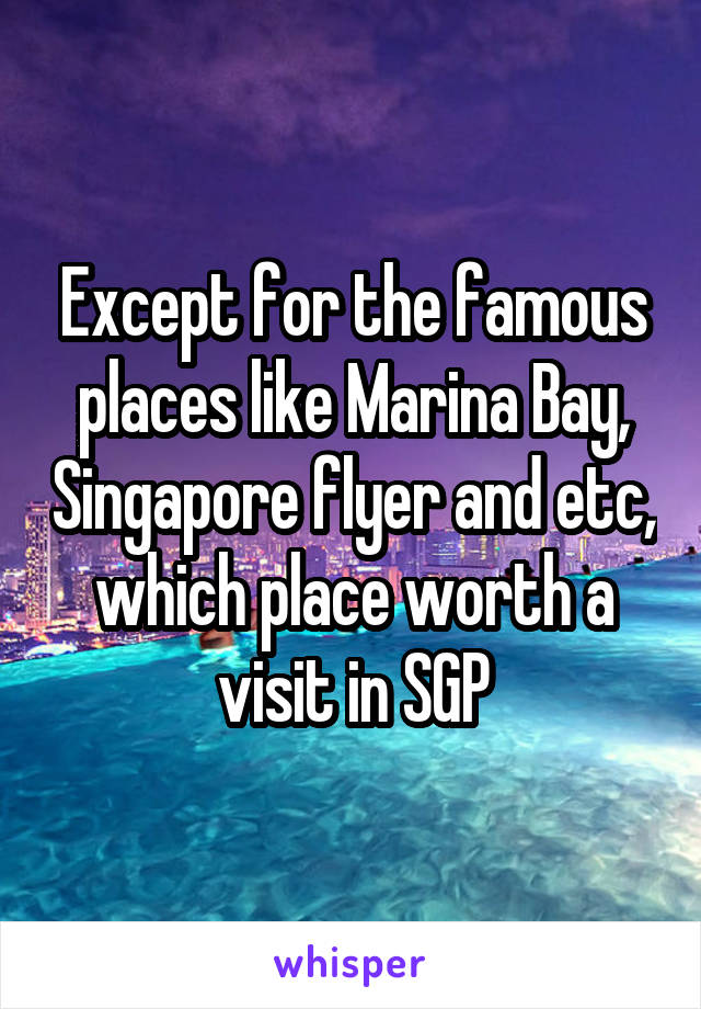 Except for the famous places like Marina Bay, Singapore flyer and etc, which place worth a visit in SGP