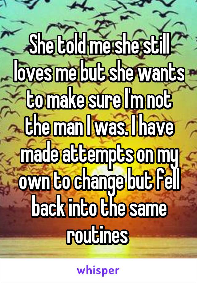 She told me she still loves me but she wants to make sure I'm not the man I was. I have made attempts on my own to change but fell back into the same routines 