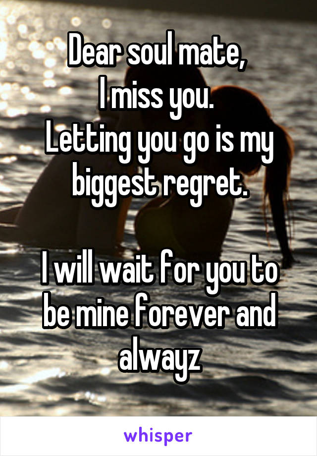 Dear soul mate, 
I miss you. 
Letting you go is my biggest regret.

I will wait for you to be mine forever and alwayz
