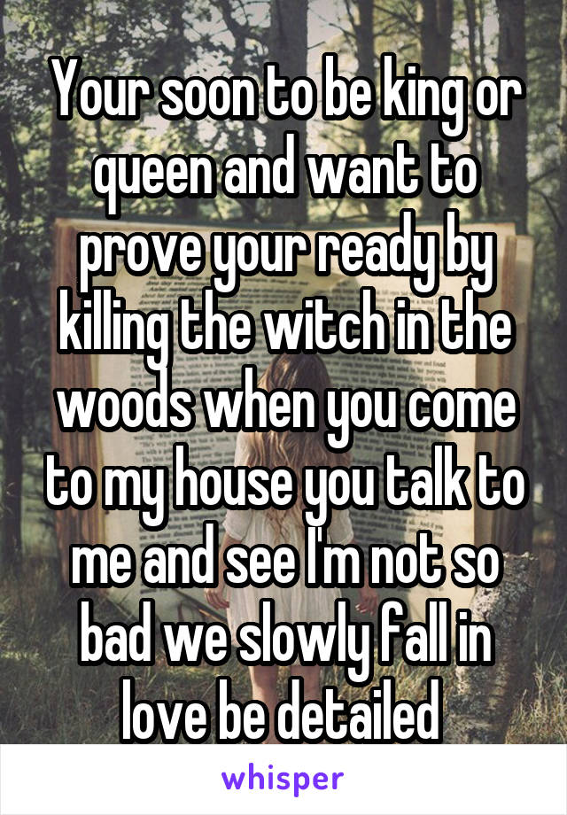 Your soon to be king or queen and want to prove your ready by killing the witch in the woods when you come to my house you talk to me and see I'm not so bad we slowly fall in love be detailed 