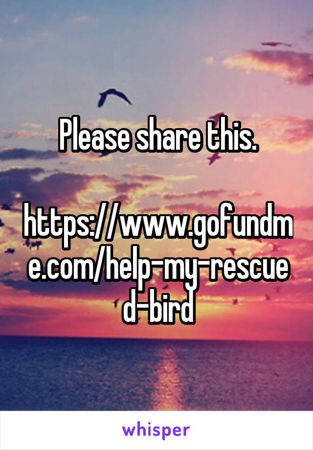 Please share this.

https://www.gofundme.com/help-my-rescued-bird