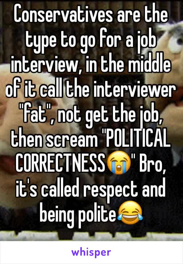 Conservatives are the type to go for a job interview, in the middle of it call the interviewer "fat", not get the job, then scream "POLITICAL CORRECTNESS😭" Bro, it's called respect and being polite😂