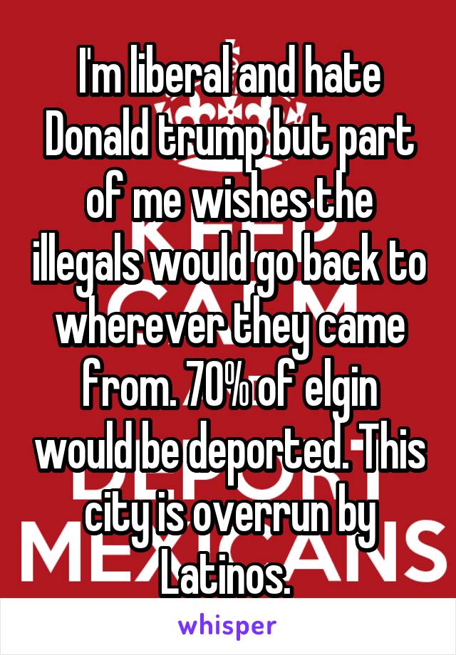 I'm liberal and hate Donald trump but part of me wishes the illegals would go back to wherever they came from. 70% of elgin would be deported. This city is overrun by Latinos. 