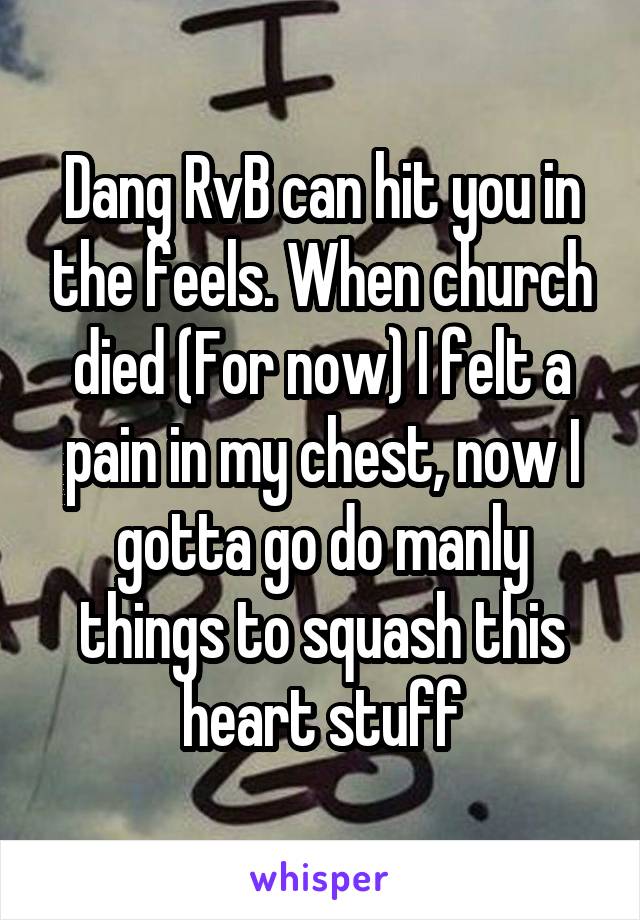 Dang RvB can hit you in the feels. When church died (For now) I felt a pain in my chest, now I gotta go do manly things to squash this heart stuff