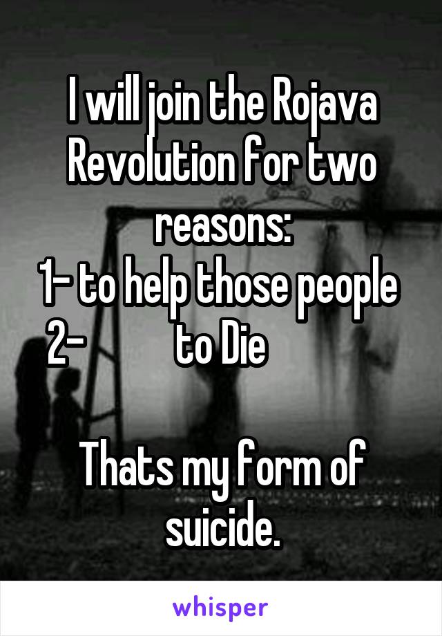 I will join the Rojava Revolution for two reasons:
1- to help those people 
2-           to Die                

Thats my form of suicide.