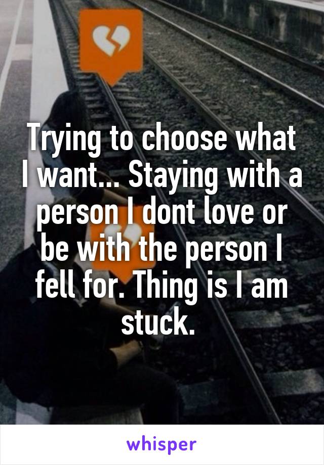 Trying to choose what I want... Staying with a person I dont love or be with the person I fell for. Thing is I am stuck. 